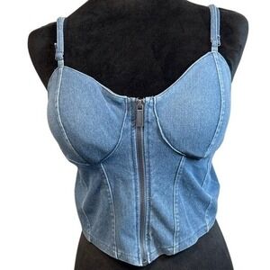 Vintage Y2K Biker Bustier Zipper Smocked ‎ Back Corset Crop Denim  Women's Top M